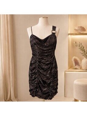 Black Silver Sequin Ruched Rhinestone Ring One Shoulder Mini Dress